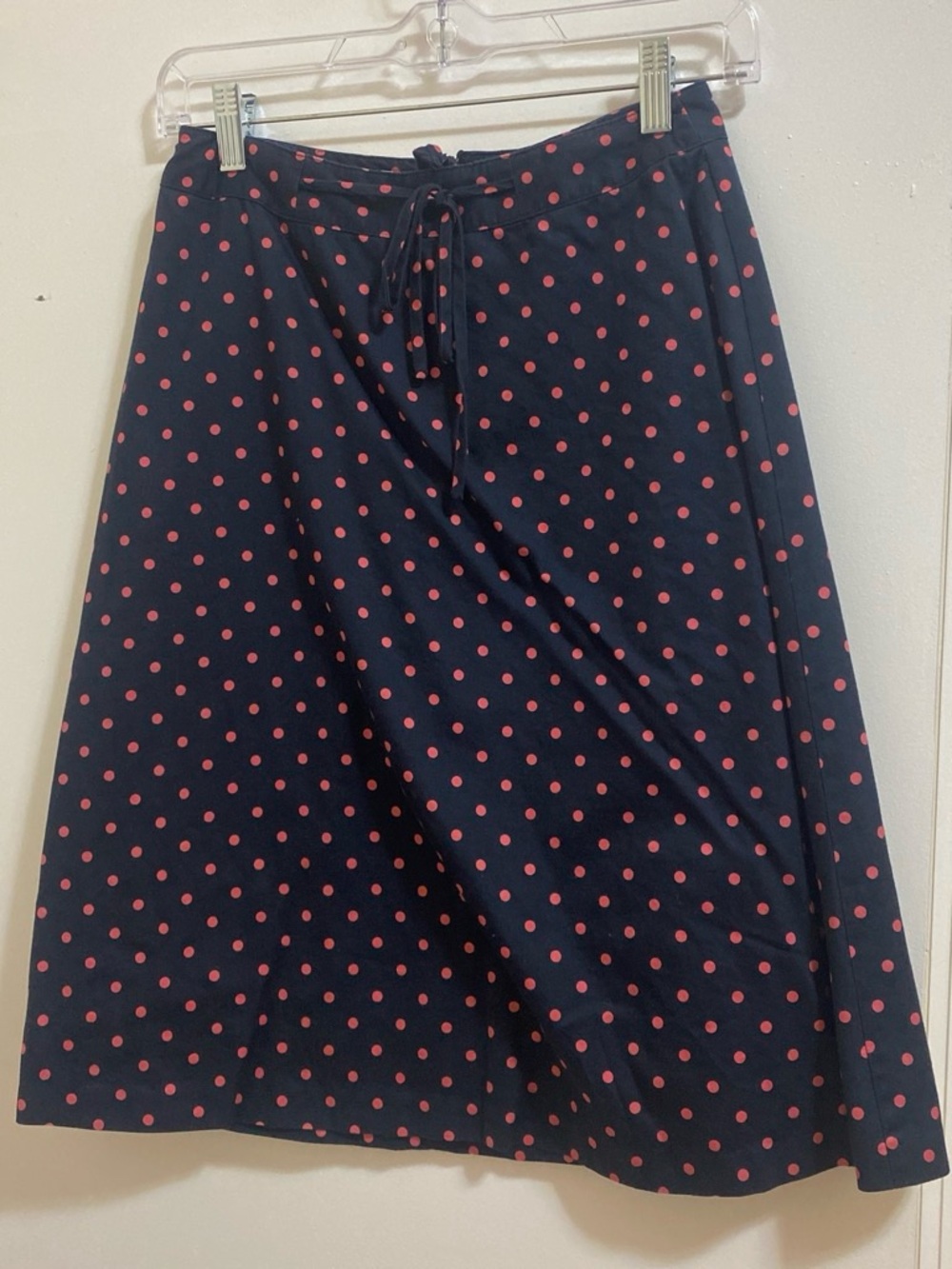 Talbots Navy Midi Skirt with Pink Polka Dots